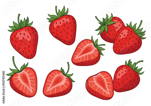 Fresh sweet strawberries. Halved and whole Red berries. Hand drawn summer strawberry trendy flat style isolated for design. Vector illustration