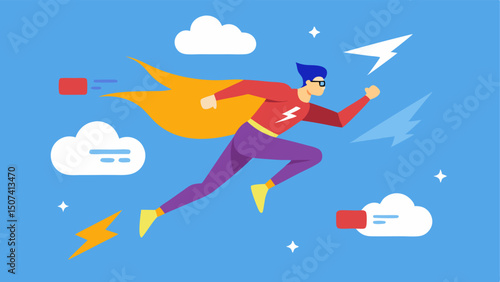 Flash Sale Flyer A speedy superhero with lightning bolts on the costume darting through the clouds with a trail of animated Flash Sale banners behind him while shoppers look on in