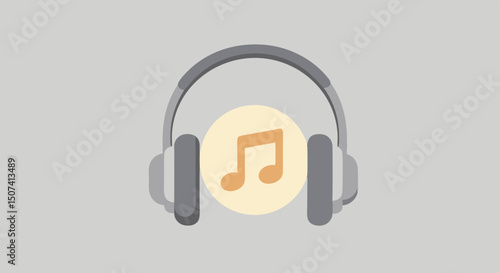 Stylized illustration of headphones with a music note icon on a gray background representing audio and music enjoyment