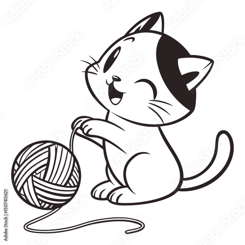 Cute Kitten Playing with Yarn, Cat Toy Line Art Graphic