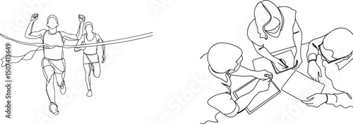 Continuous line drawings illustrating runners crossing finish line and team collaboration