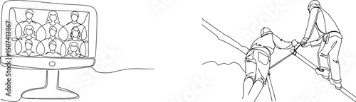 Continuous line drawings depicting technology meeting and construction work