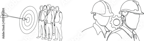 Achieving success through teamwork and engineering in a simple black and white line drawing