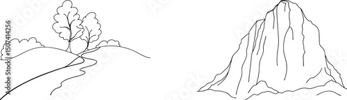 Black and white line drawing of mountainous landscape with trees and path for nature illustrations