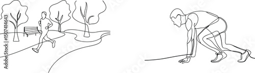 Single line art of a runner in a park and an athlete at the starting blocks