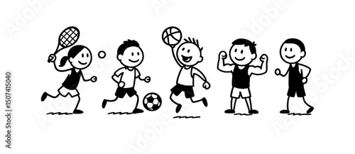 Children Playing Sports Stick Figure Kids Running Jumping and Playing Football Illustration