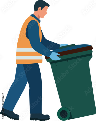 Sanitation worker pushing garbage bin vector