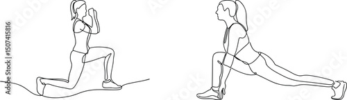 Continuous line drawing of a woman performing lunges for exercise and fitness training