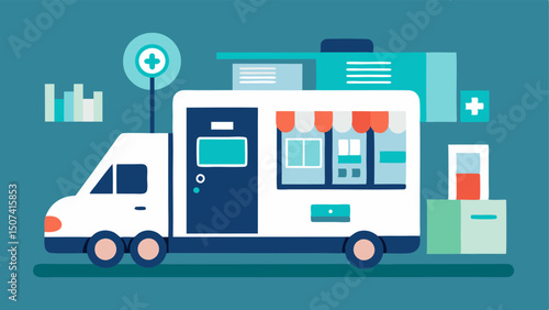 Mobile Health Diagnostics Unit A compact autonomous vehicle parked outside the clinic equipped with advanced diagnostic tools and screens displaying health metrics for quick