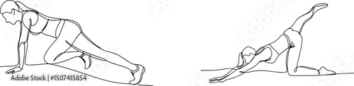 Continuous line drawing of a woman performing yoga and fitness exercises on white background