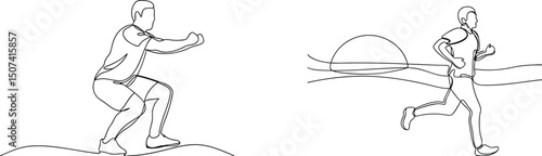 Continuous line drawing of fitness activities squatting and running during exercise