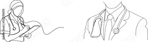 Continuous line drawing of medical professionals doctor and nurse with stethoscope and clipboard