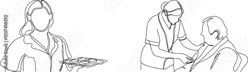 Continuous line drawing depicting healthcare workers serving and caring for patients in a clinic