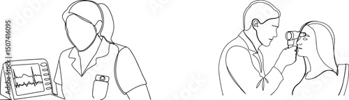 Medical professionals examine patient health in continuous line art illustration design