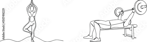 Continuous line drawing of yoga and weightlifting showing fitness activities