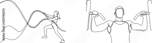 Continuous line drawing depicting fitness exercise with rope and weight training equipment