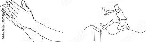 Continuous line drawing of praying hands and hurdler in athletic competition isolated