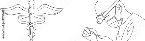 Medical caduceus symbol and surgeon performing delicate surgical procedure outline
