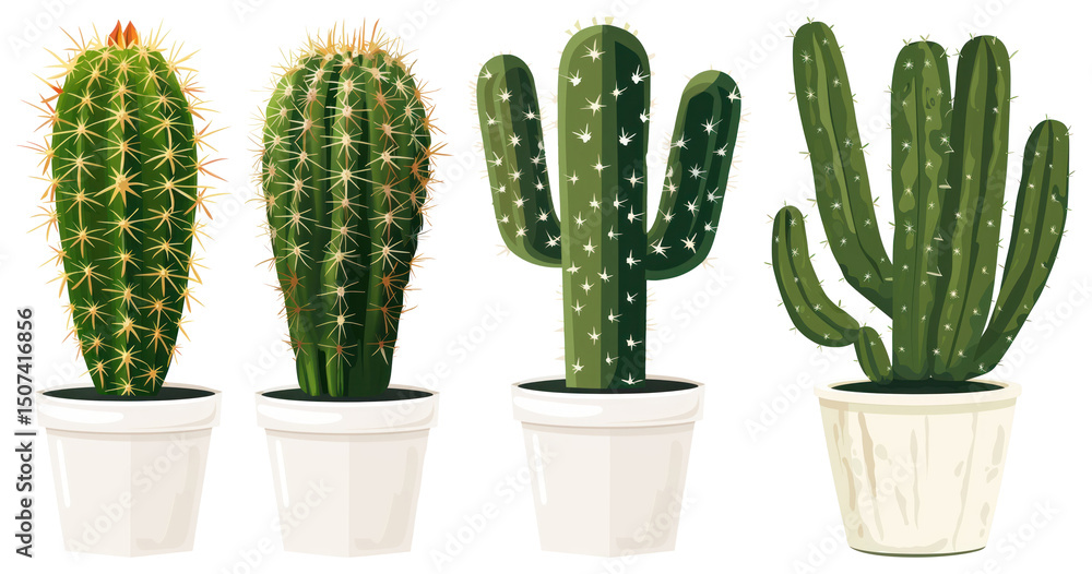 PNG Four potted cacti with varying shapes and spines element set on transparent background. PNG Four potted cacti with varying shapes and spines element set on transparent background.