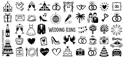 Simple black and white wedding icons in doodle style, including rings, cake, dress, bouquet, couple, and celebration symbols for for wedding invitations and event planning