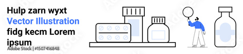 Capsules in blister pack, pill bottles, and a person holding a balloon. Ideal for medicine, pharmacy, healthcare, wellness, product design, supply chain or a simple landing page
