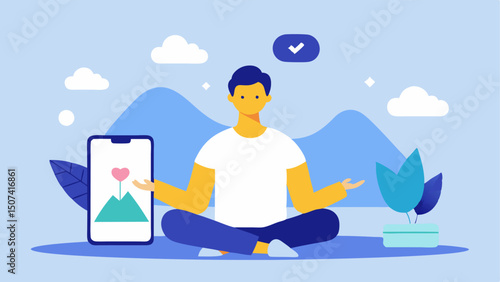 Mindfulness Session The health coach guiding a relaxation exercise showing a calming app on a smartphone with visuals like nature and breathing exercises.