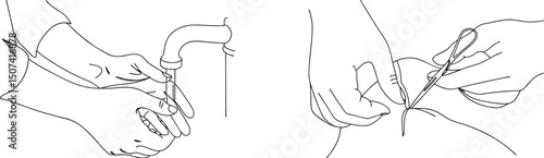 Handwashing and surgical suturing techniques depicted in a simple black and white line art illustration