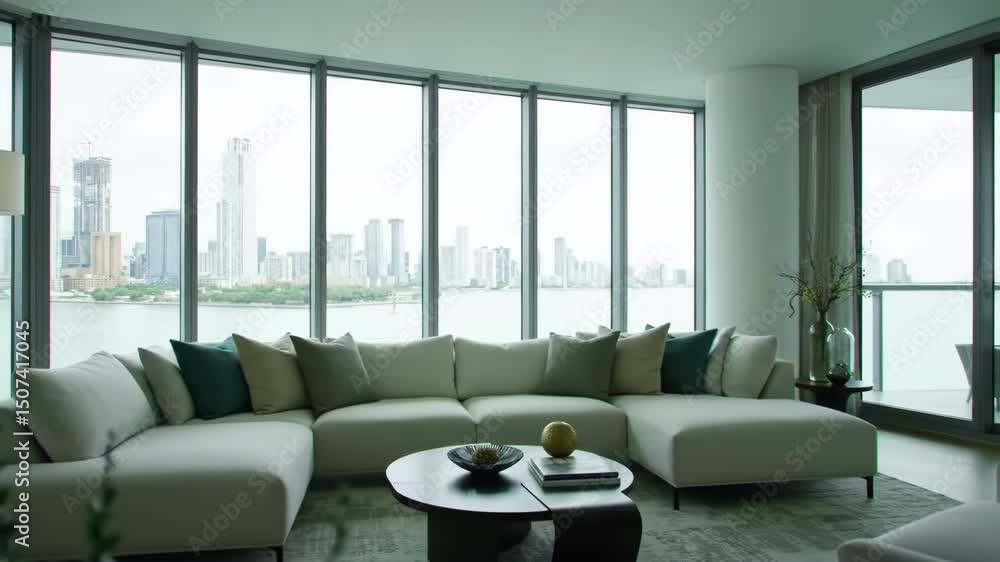 Modern city view living room interior design featuring a cozy sectional sofa and large windows Modern city view living room interior design featuring a cozy sectional sofa and large windows