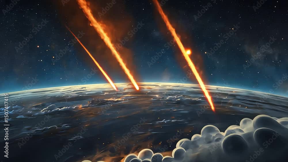 Meteor Shower with Fiery Trails Approaching Earth from Space with Clouds Below
