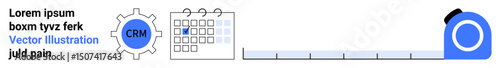Gear with CRM text, calendar, and progress scale illustrate workflow automation, planning, and productivity. Ideal for CRM tools, task scheduling, business strategy, workflow design project