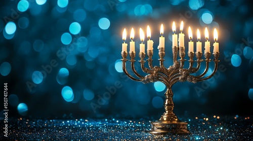 Hanukkah menorah with burning candles in a blue bokeh background.