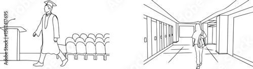Graduation ceremony and student walking in school hallway line art illustration