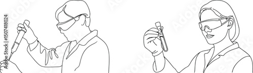 Laboratory scientists conducting scientific experiments with test tubes and equipment in line art style