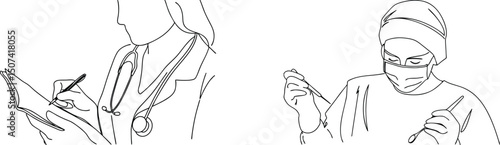 Minimalist line drawing depicting a doctor recording notes and surgeon preparing for operation