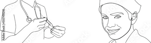 Black and white line art illustration of a healthcare worker with a syringe and smiling face