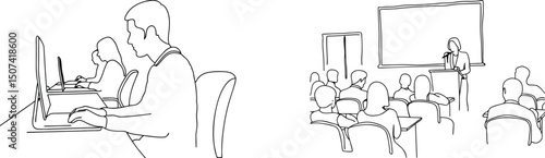 Outline illustration of people working on computers and attending a presentation in a classroom