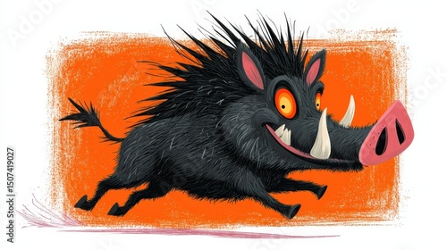 Cartoon Wild Boar Running Orange Background Funny Illustration