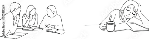Line drawing of students studying and one exhausted person with a book and coffee mug.