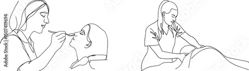 Line art illustration of beauty salon services including massage and facial treatments
