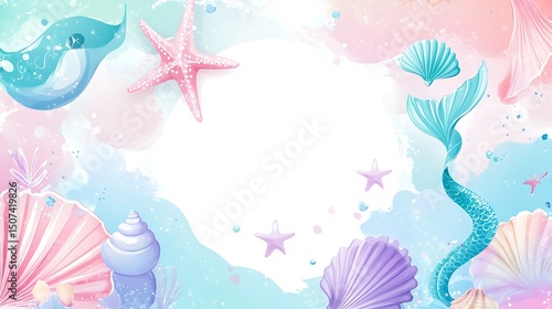 Pastel-colored seashell, starfish, and mermaid tail design.