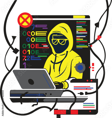 Network thief hacker cyber crime computer hack art illustration clipart 