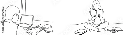 Line art illustration of people studying with books and a laptop in simple design