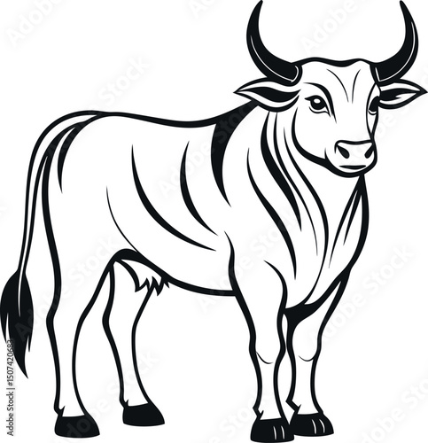 Aggressive bull in outline style, isolated.