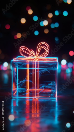 Colorful glowing gift box with lights in a festive setting during the evening