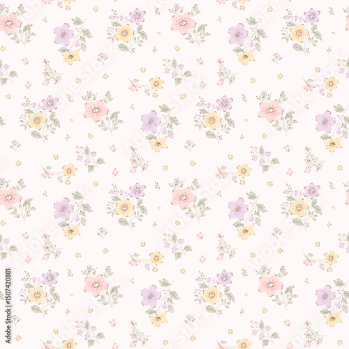 Lovely, beautiful spring flowers pattern. Ditsy floral seamless pattern. Cute small flower on light background. Repeat pattern. Ditsy print. Flower surface design, floral design for fashion, fabric