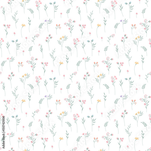 Lovely, beautiful spring flowers pattern. Ditsy floral seamless pattern. Cute small flower on light background. Repeat pattern. Ditsy print. Flower surface design, floral design for fashion, fabric