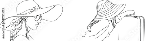 Elegant line art illustrating women in sun hats and sunglasses ready for travel and adventure