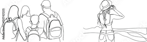 Family hiking trip and tourist photographing landscapes in minimalist one line art