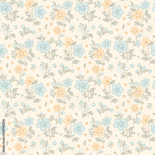 Lovely, beautiful spring flowers pattern. Ditsy floral seamless pattern. Cute small flower on light background. Repeat pattern. Ditsy print. Flower surface design, floral design for fashion, fabric