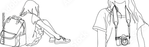 Minimalist line art illustrates a woman with backpack preparing for adventure and photography